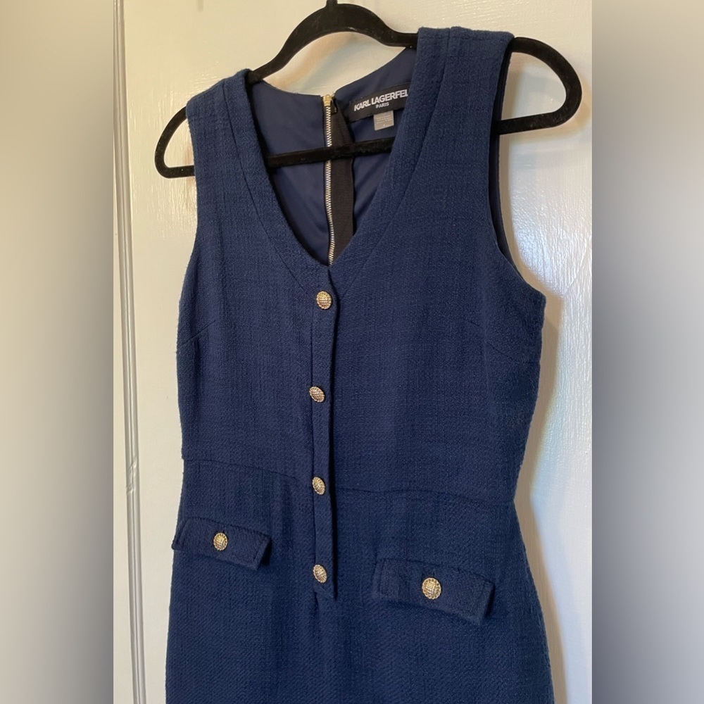 Karl Lagerfeld Paris Navy Solid Tweed Shift Sleeveless Gold Buttons - Picture 3 of 10